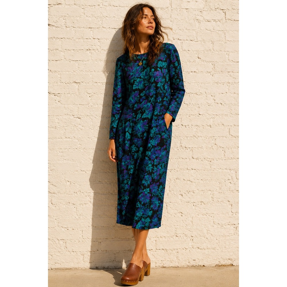 Vintage Moda International Teal‎ Purple Rayon Floral Maxi Dress Pockets Size 14